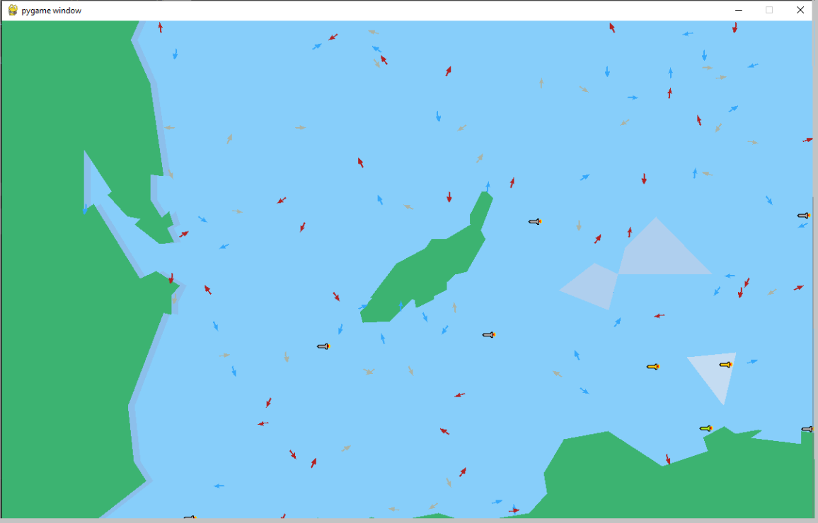 A simulule running a hurricane scenario in a coastal location. The graphical front-end display a map with vectors representing weather system for wind, sea currents and waves